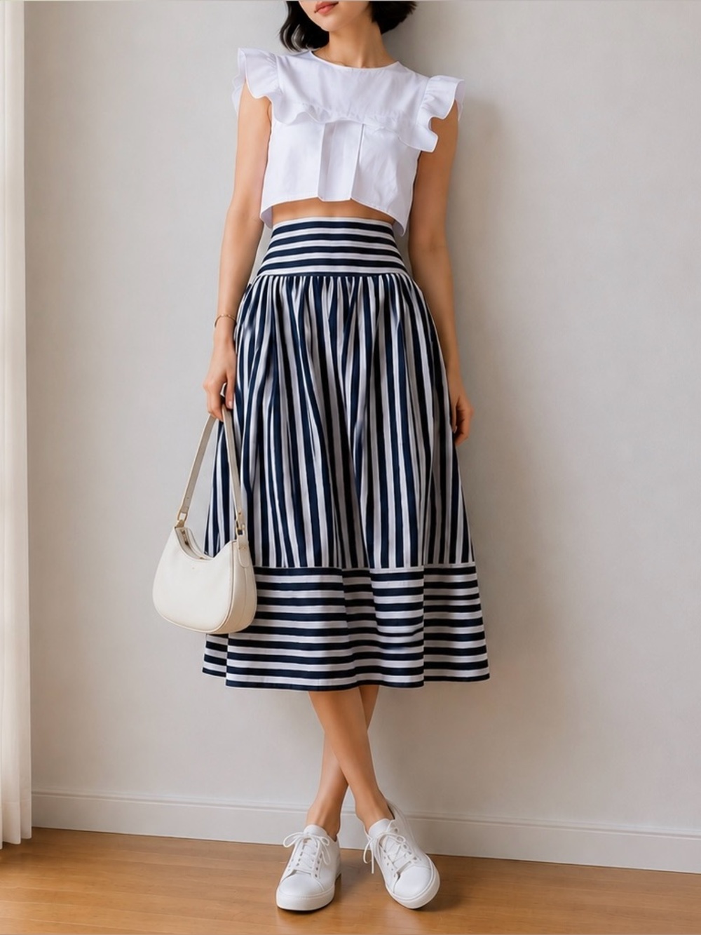 Revolve J.O.A. Los Angeles Navy Blue & White Striped Skirt – Size M